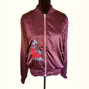 Say What? Maroon Bomber Jacket with Floral Design